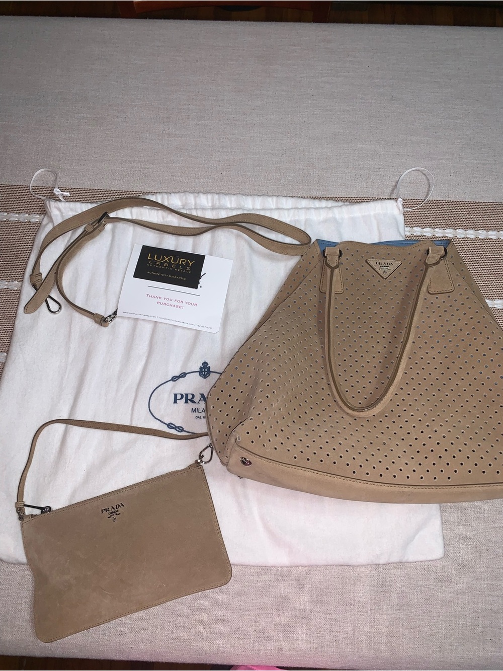 Prada Beige Perforated Leather Tote with Matching Wristlet
